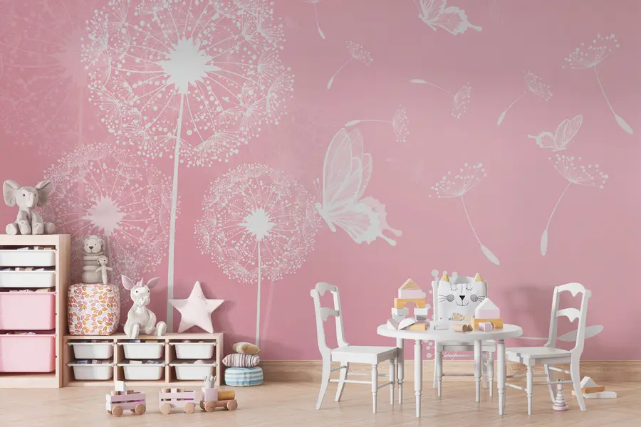 wall murals Нежни маслачак са ружичастим лептирима u99597v3