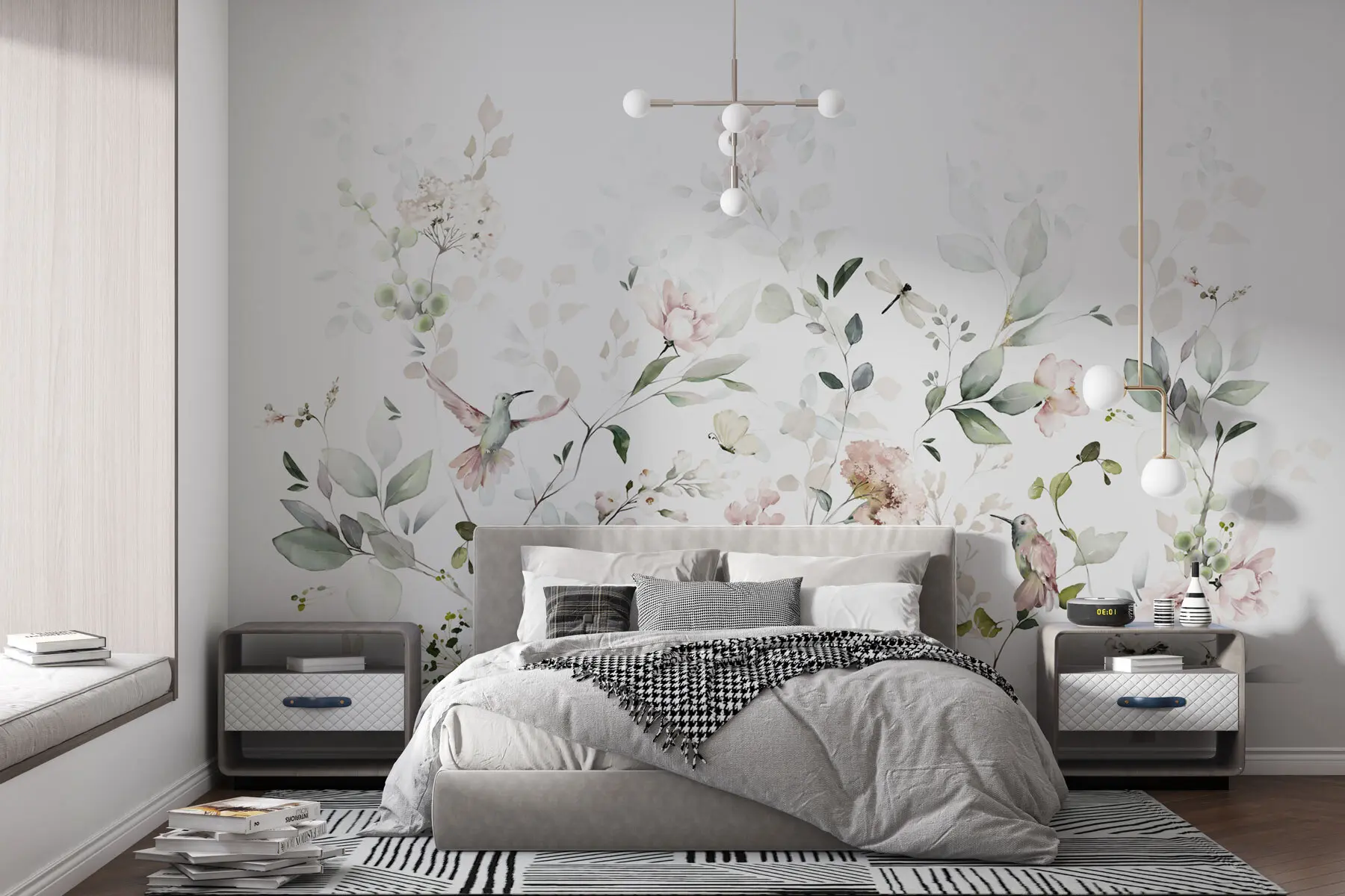 wall murals Баштенске руже, лишће, птице на белој позадини u99551