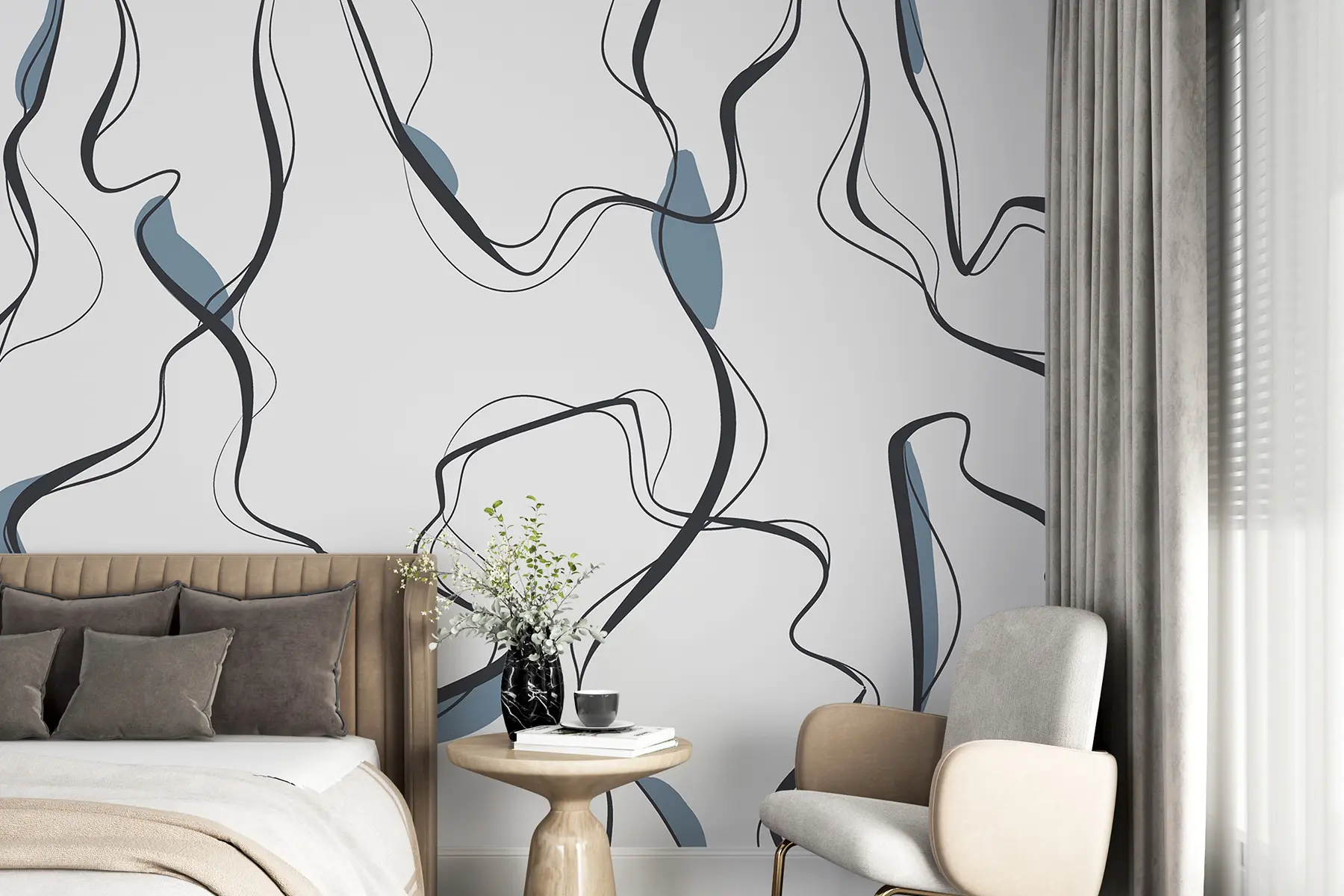 wall murals Уметност цртања мастилом, апстрактни узорак, геометријске линије, сива и плава u99659