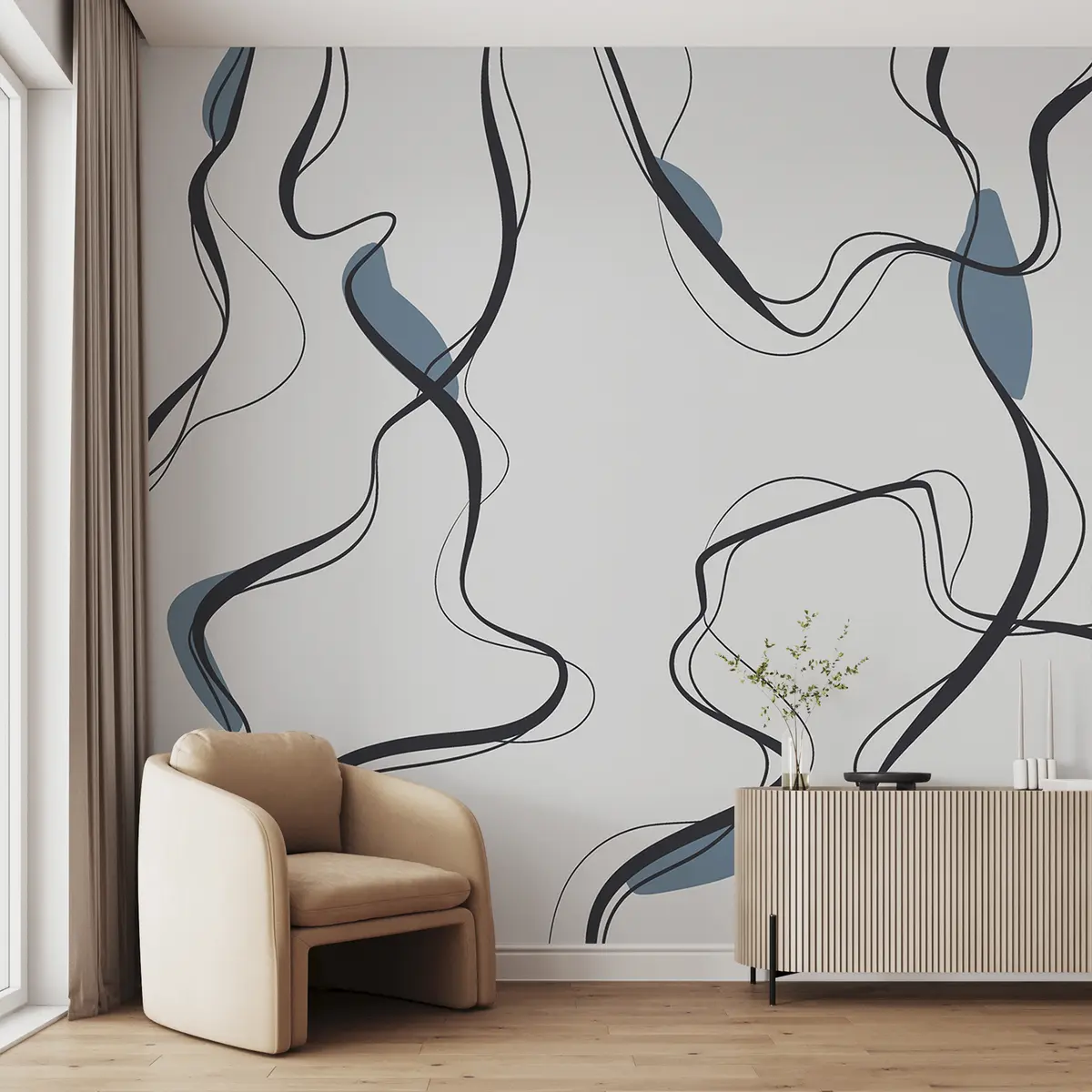 wall murals Уметност цртања мастилом, апстрактни узорак, геометријске линије, сива и плава u99659