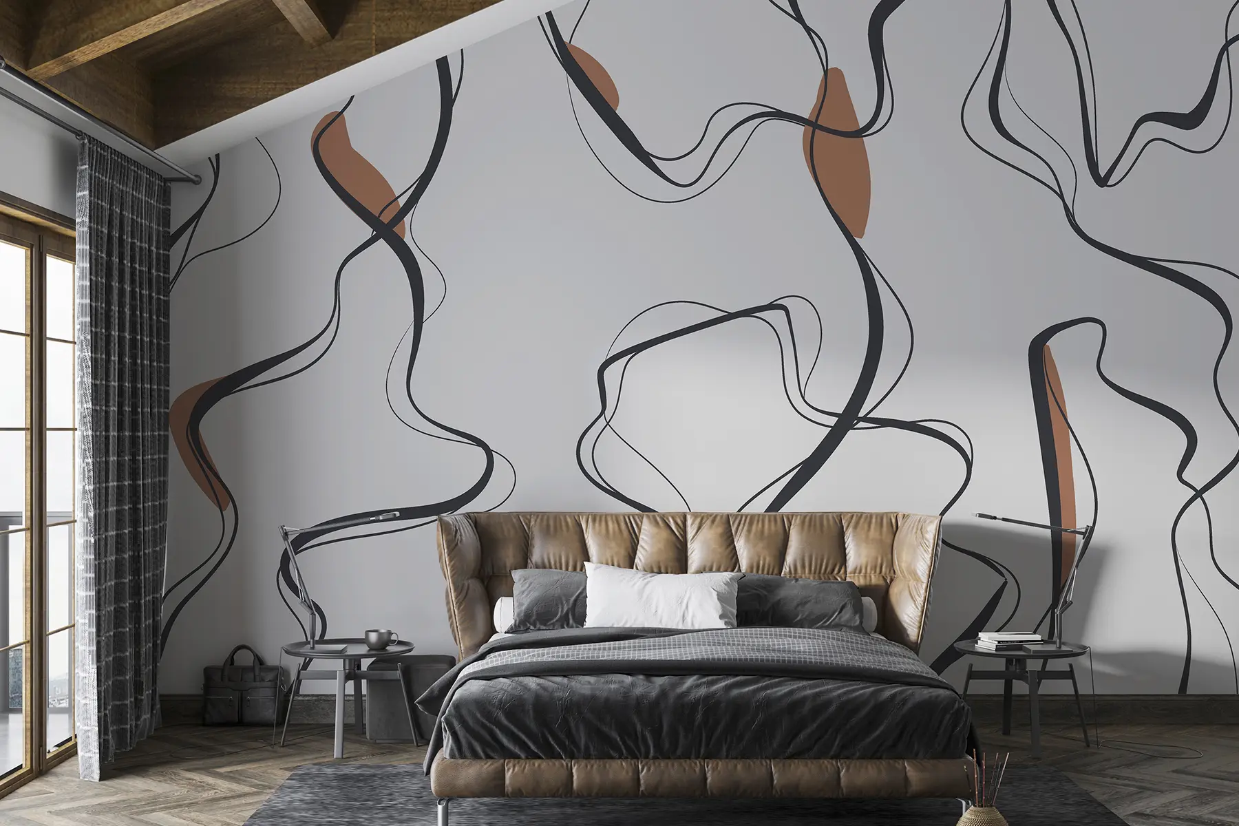 wall murals Уметност цртања мастилом, апстрактни узорак, геометријске линије, сива и наранџаста u99659v3
