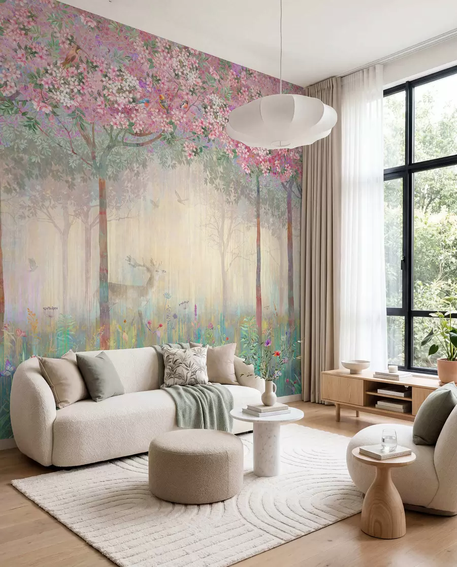 wall murals Цветно дрвеће са дугим стаблима, јелени између дрвећа u62100d2