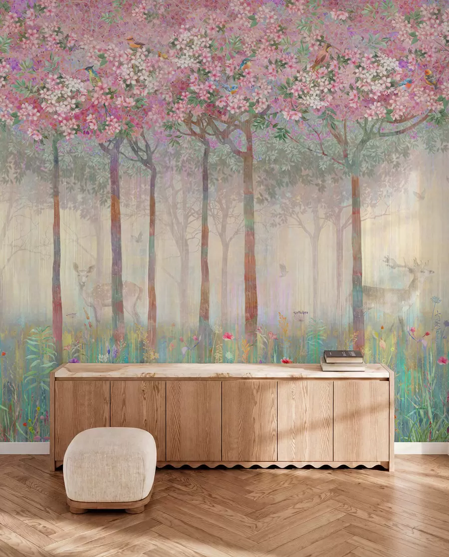 wall murals Цветно дрвеће са дугим стаблима, јелени између дрвећа u62100d2